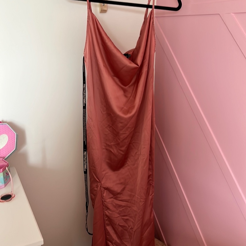 Rose strappy satin cowl midi dress